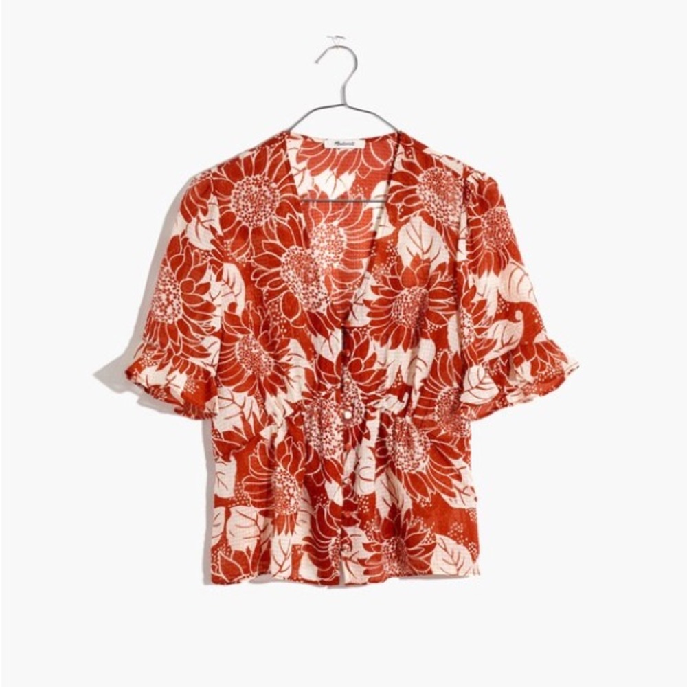 Madewell Silk Journal Keyhole-Sleeve Floral Sunflower Blouse‎ Rust Cream Size 4